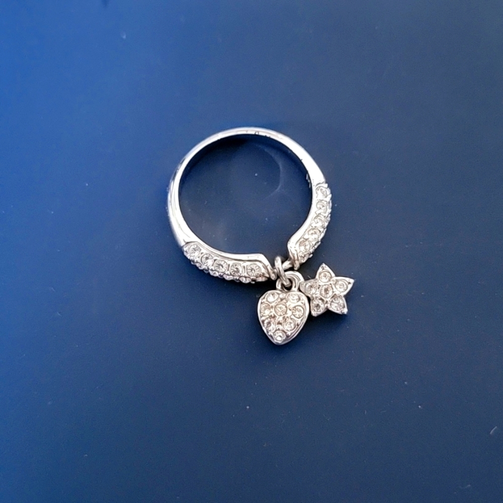 SWAROVSKI Dangle Hanging Charms Star and Heart Silver Tone Crystal Ring